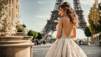 ai généré magnifique fille dans une blanc demoiselle d'honneur robe contre le Contexte de le Eiffel la tour photo