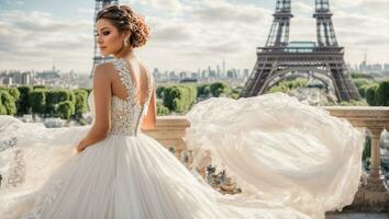 ai généré magnifique fille dans une blanc demoiselle d'honneur robe contre le Contexte de le Eiffel la tour photo