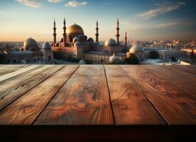 ai généré tranquille mosquée ambiance avec une rustique en bois table dans se concentrer, islamique images photo