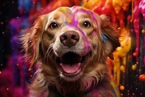 ai généré espiègle animal de compagnie couvert dans vibrant Holi couleurs, Holi Festival images HD photo