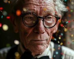 ai généré une sage gentilhomme avec des lunettes et une arc cravate, actif les personnes âgées mode de vie images photo