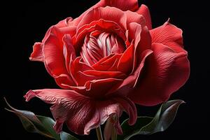 ai généré le fascinant transformation de une rouge bouton de rose dans plein Floraison capturé dans une temps laps série, engagement, mariage et anniversaire image photo