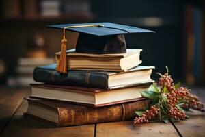 ai généré l'obtention du diplôme casquette et livre sur une pile de livres, éducatif photo