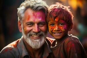 ai généré vieux homme et garçon embrasse festivité, Holi Festival images HD photo