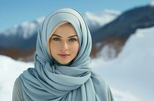 ai généré gracieux beauté dans une bleu hijab captive avec sa présence, islamique images photo