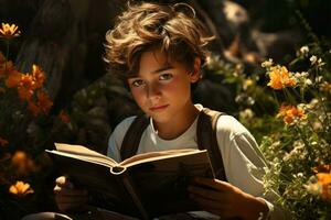 ai généré une garçon absorbé dans une livre entouré par serein beauté, magnifique livre images photo