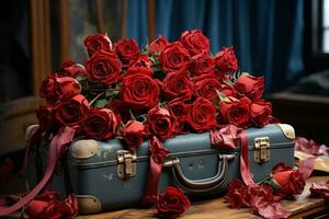 rouge des roses épars sur une ancien valise, engagement, mariage et anniversaire image photo