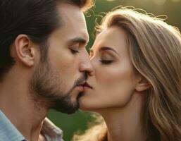 ai généré une réconfortant portrait de une homme et femme partage une soumissionner baiser, exprimer leur Profond affection et l'amour. photo