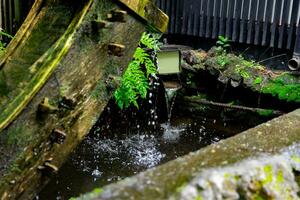 une historique en bois roue sur le l'eau surface dans tokyo proche en haut photo