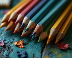 ai généré content des crayons sur vert Haut vue de vibrant école essentiel, éducatif photo