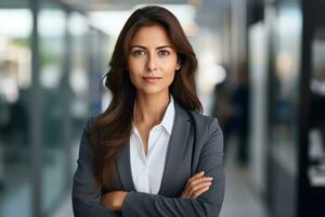 ai généré affaires femme permanent à l'extérieur Bureau souriant en toute confiance, professionnel emploi entretien tenue image photo