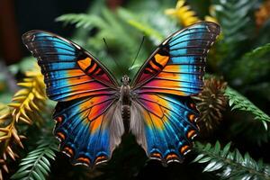 ai généré vibrant papillon perché gracieusement sur luxuriant vert feuilles, Terre amical images photo