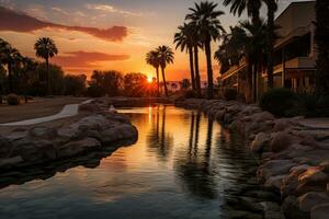 ai généré désert oasis tranquillité le coucher du soleil serein embrasser, magnifique lever du soleil image photo