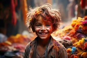 ai généré garçon joyeux sourire capturé parmi célébrations, Holi Festival images HD photo