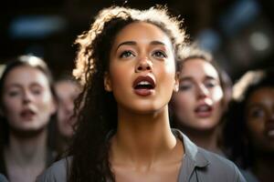 ai généré diverse chorale en chantant hymnes célébrer femmes, habilitant femmes images photo