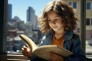 ai généré une enfant immergé dans une livre sur une balcon avec une vibrant paysage urbain toile de fond, livre la photographie photo