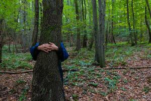 femme donnant une étreinte à le arbre. monde environnement journée concept photo