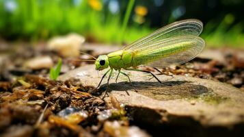 ai généré photo de vert lacewing sur une sol. génératif ai