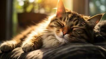 ai généré photo de une chat sieste dans une rayon de soleil sur une doux tapis. génératif ai