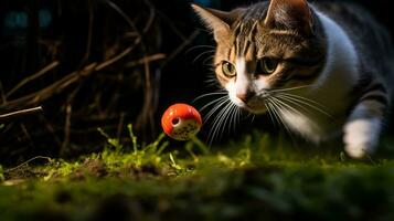 ai généré photo de une chat au bâton à une jouet Souris dans une espiègle. génératif ai