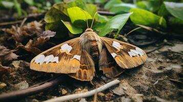 ai généré photo de ver du chêne papillon de nuit sur une sol. génératif ai