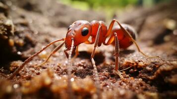 ai généré photo de rouge importé Feu fourmi sur une sol. génératif ai