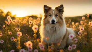 ai généré photo de une royal chien posant dans une champ de fleurs sauvages. génératif ai