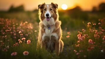 ai généré photo de une royal chien posant dans une champ de fleurs sauvages. génératif ai