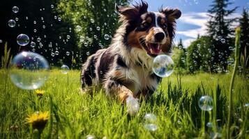 ai généré photo de une espiègle chien ciselure bulles dans une luxuriant vert. génératif ai