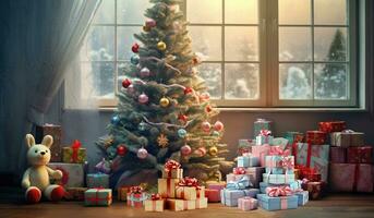 ai généré magnifique Noël arbre avec décorations et cadeaux dans une confortable pièce près le la fenêtre. copie pâte espace pour conception. photo