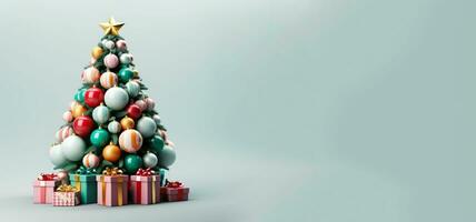 ai généré bannière. décoré Noël arbre sur une flou foncé bleu arrière-plan, avec brouiller effet. copie pâte, copie espace pour texte. photo