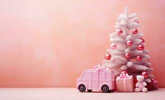 ai généré Noël rose Contexte avec Nouveau année arbre et des boites de Noël cadeaux. fermer avec copie espace. photo