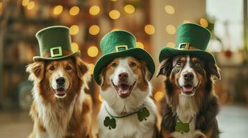 ai généré mignonne chiens avec lutin Chapeaux, st. patrick's journée photo