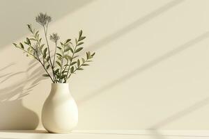 ai généré 3d le rendu vase avec plante sur beige table avec ombre sur mur photo