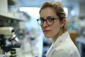 ai généré une qualifié femme scientifique chercheur, orné dans une blanc laboratoire manteau, passionnément conduit expériences dans une en pointe laboratoire. photo