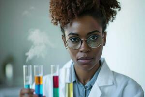 ai généré dans le en pointe laboratoire, le accompli afro américain femme scientifique passionnément explore le royaumes de science et médicament photo