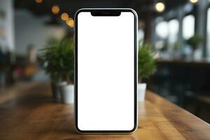 ai généré une lisse blanc téléphone repose sur une minimaliste tableau, ses Vide écran prometteur une Toile pour votre numérique la créativité. photo