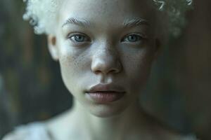 ai généré dans cette captivant portrait, le étourdissant albinos africain américain femme dégage une unique beauté photo