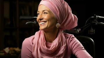 ai généré une résilient femme, bravement se battre cancer, orné dans une foulard, navigue la vie avec la grâce et force photo