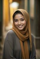 ai généré magnifique musulman femme souriant et en riant portant une hijab et décoré châle photo