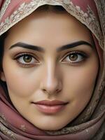 ai généré magnifique musulman femme souriant et en riant portant une hijab et décoré châle photo