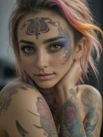 ai généré portrait de une femme avec une corps plein de artistique tatouages photo