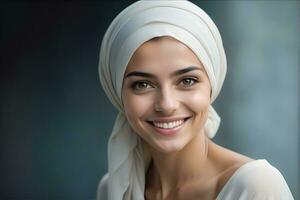 ai généré magnifique musulman femme souriant et en riant portant une hijab et décoré châle photo