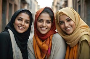 ai généré magnifique groupe de les musulmans femmes souriant et en riant portant une hijab et décoré châle photo