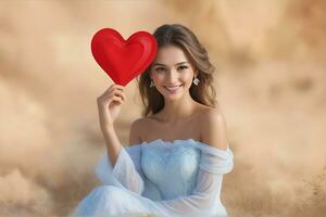 ai généré fête pour la Saint-Valentin journée avec magnifique Jeune femme détient une rouge cœur dans sa mains photo