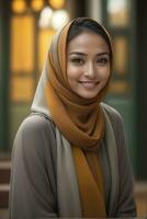 ai généré magnifique musulman femme souriant et en riant portant une hijab et décoré châle photo