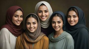ai généré magnifique groupe de les musulmans femmes souriant et en riant portant une hijab et décoré châle photo