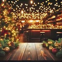 ai généré une Noël arbre, en bois table et d'or bokeh sont tout flou contre le Contexte de une bar ou restaurant photo
