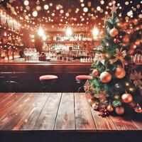 ai généré une flou bar ou restaurant Contexte avec d'or bokeh, en bois table et Noël arbre photo