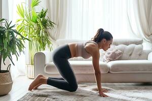 ai généré paisible yoga entraine toi dans une confortable Accueil réglage photo